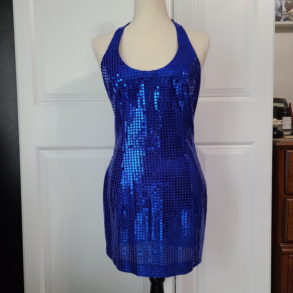 Blue Sequin Cocktail Dress, Halter